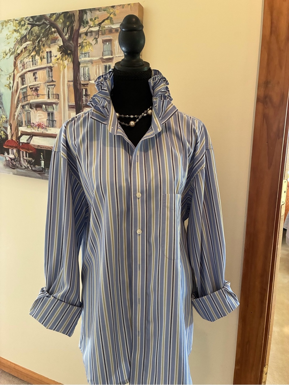 Jos. A. Bank Blue, White & Yellow Striped Button-Front Shirt ruffle collar - Picture 3 of 6